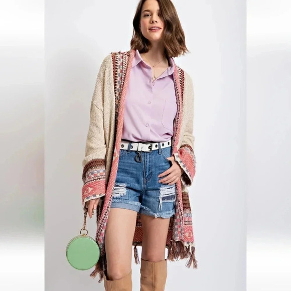 Easel Boho Tribal Pattern Fringe Detail Sweater Cardigan New - Picture 3 of 5